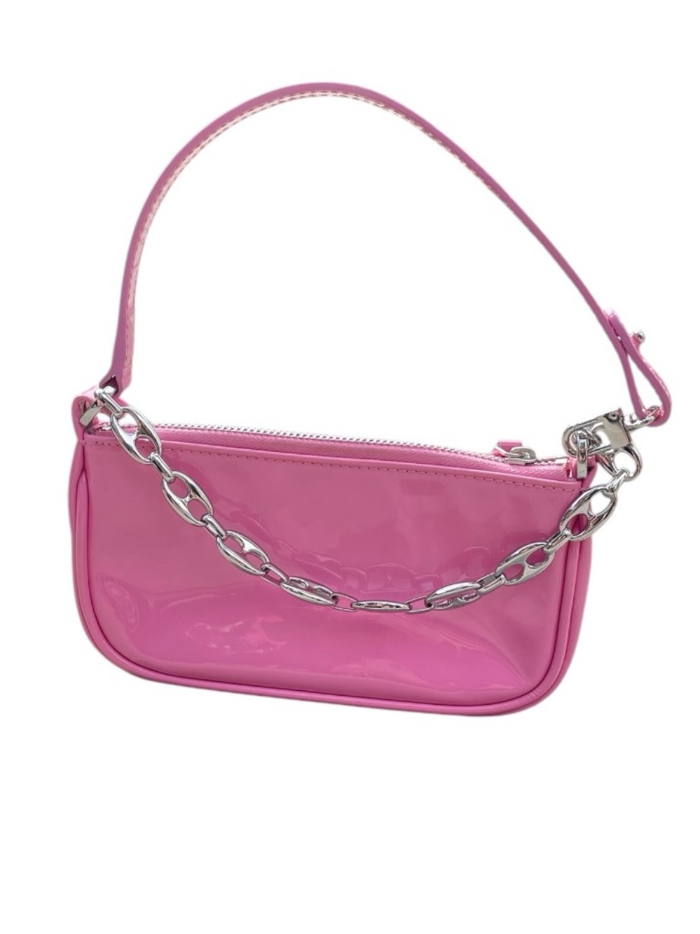 BY FAR Pink Patent Leather Mini Shoulder Bag with Silver Chain